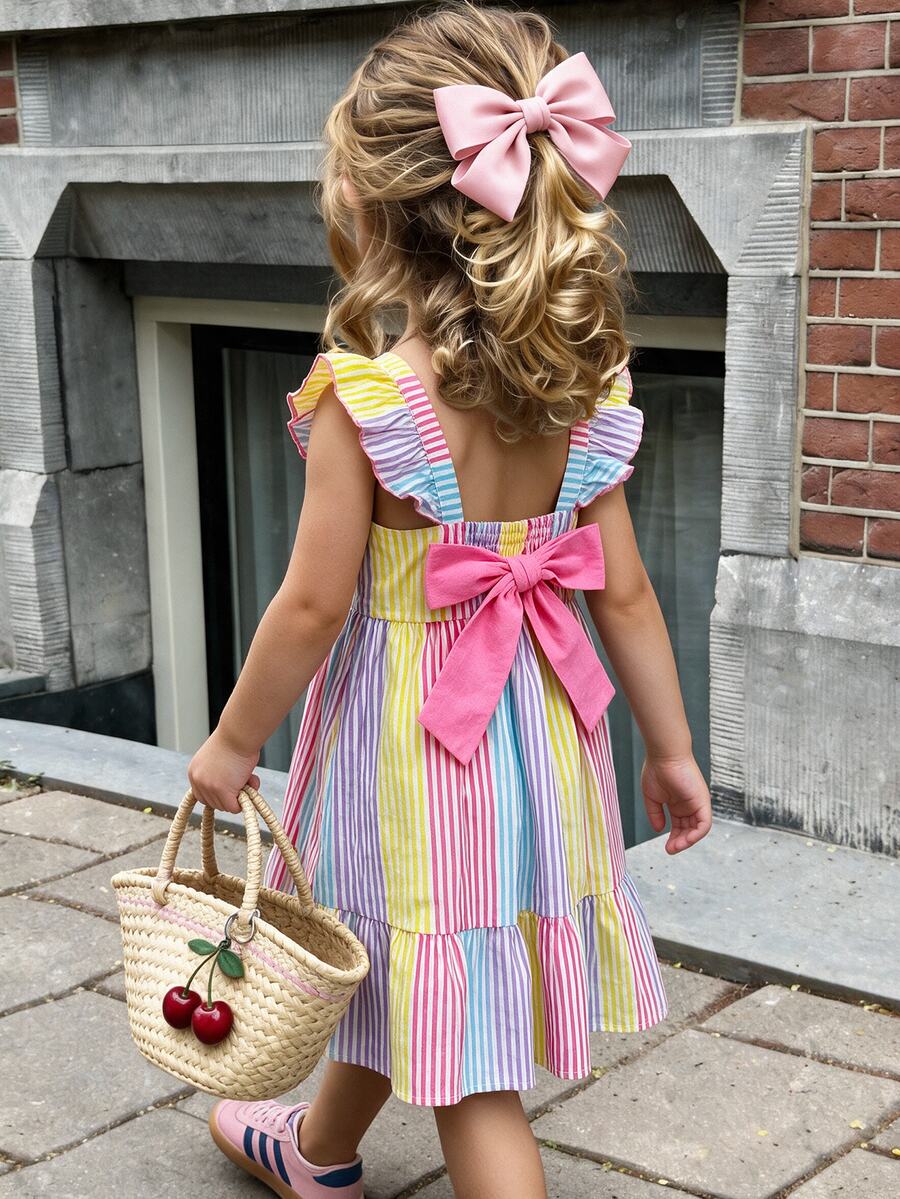 SHEIN Young Girl Contrast Color Bow Decor Round Neck Cap Sleeve Waist Cinched Dress, Versatile & Comfortable - Pink - View 1