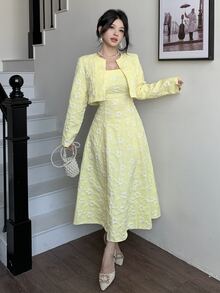 Modelyn Elegant Romantic Outing Brunch Tea Party Date Anniversary Women's Jacquard Suit Wedding White And Yellow Autumn White And Yellow Autumn - Yellow - View 3
