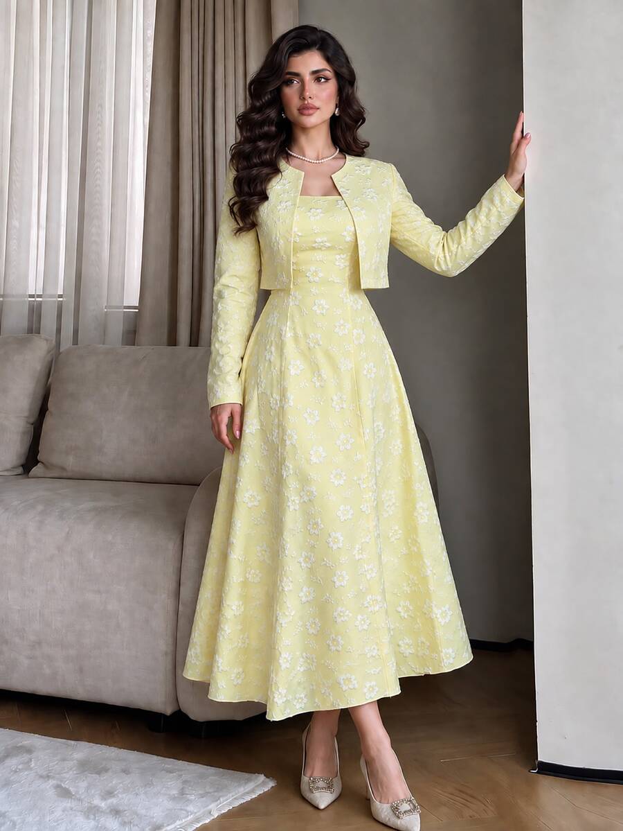 Modelyn Elegant Romantic Outing Brunch Tea Party Date Anniversary Women's Jacquard Suit Wedding White And Yellow Autumn White And Yellow Autumn - Yellow - View 1