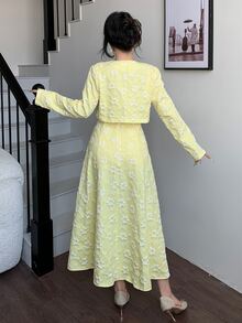 Modelyn Elegant Romantic Outing Brunch Tea Party Date Anniversary Women's Jacquard Suit Wedding White And Yellow Autumn White And Yellow Autumn - Yellow - View 2