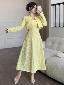 Modelyn Elegant Romantic Outing Brunch Tea Party Date Anniversary Women's Jacquard Suit Wedding White And Yellow Autumn White And Yellow Autumn - Yellow - View 4
