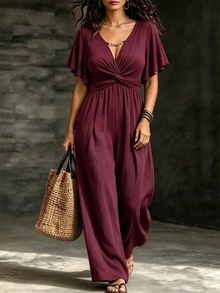 SHEIN LUNE Plus-Size Burgundy Autumn Jumpsuit Is Crafted From Knit Fabric And Features Chain-Accented Cutouts, Ruffles, And A Waist Tie-Perfect For Elegant Party - Red Violet - View 5