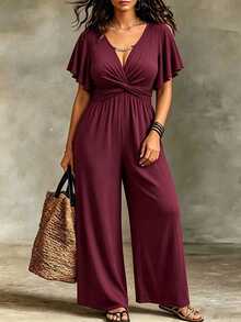 SHEIN LUNE Plus-Size Burgundy Autumn Jumpsuit Is Crafted From Knit Fabric And Features Chain-Accented Cutouts, Ruffles, And A Waist Tie-Perfect For Elegant Party - Red Violet - View 4