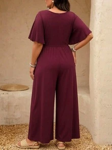 SHEIN LUNE Plus-Size Burgundy Autumn Jumpsuit Is Crafted From Knit Fabric And Features Chain-Accented Cutouts, Ruffles, And A Waist Tie-Perfect For Elegant Party - Red Violet - View 2
