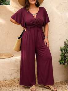 SHEIN LUNE Plus-Size Burgundy Autumn Jumpsuit Is Crafted From Knit Fabric And Features Chain-Accented Cutouts, Ruffles, And A Waist Tie-Perfect For Elegant Party - Red Violet - View 1