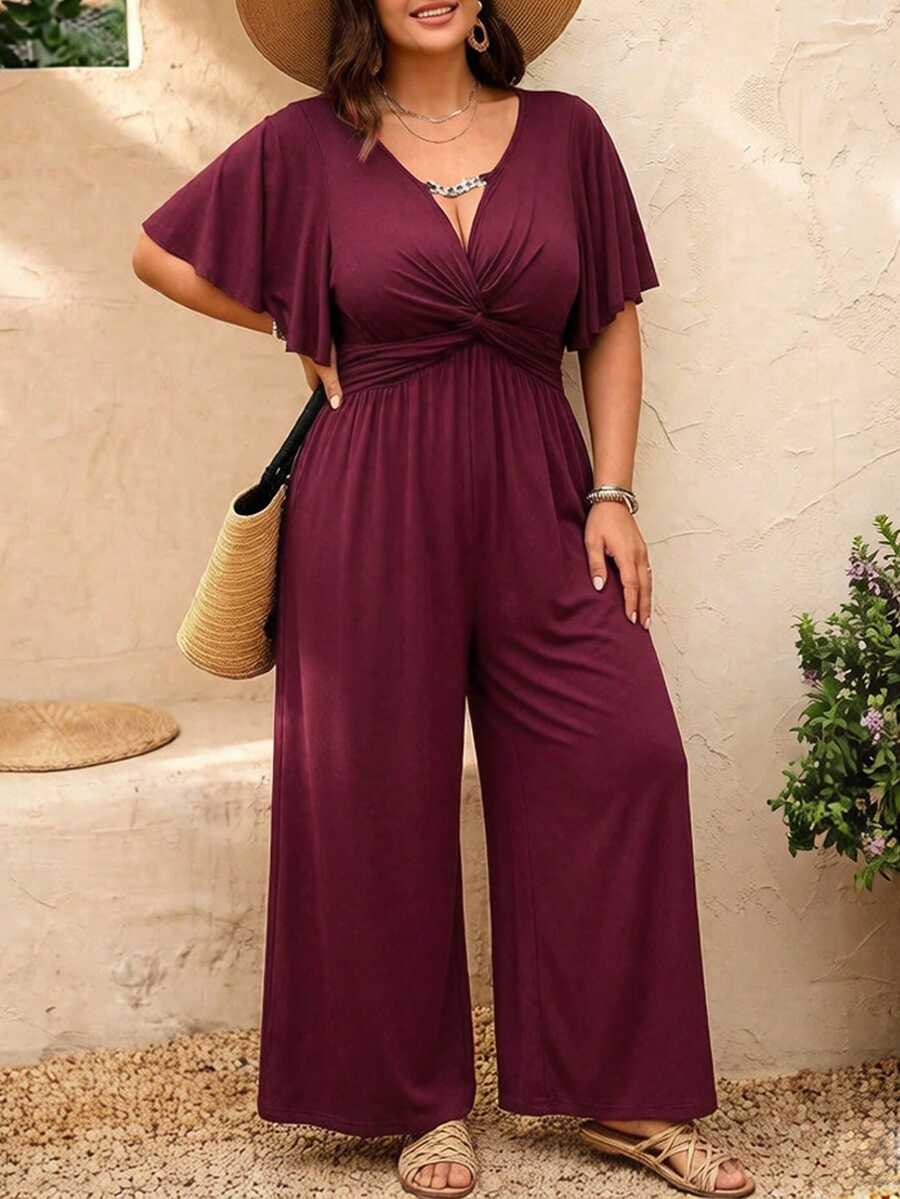 SHEIN LUNE Plus-Size Burgundy Autumn Jumpsuit Is Crafted From Knit Fabric And Features Chain-Accented Cutouts, Ruffles, And A Waist Tie-Perfect For Elegant Party - Red Violet - View 1