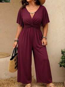 SHEIN LUNE Plus-Size Burgundy Autumn Jumpsuit Is Crafted From Knit Fabric And Features Chain-Accented Cutouts, Ruffles, And A Waist Tie-Perfect For Elegant Party - Red Violet - View 3