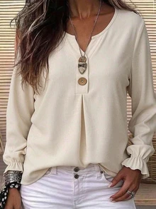 Holdful Holdful Women's Corduroy V-Neck Wooden Button Ruffle Cuff Long Sleeve Blouse - Beige - View 4