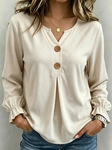 Holdful Holdful Women's Corduroy V-Neck Wooden Button Ruffle Cuff Long Sleeve Blouse - Beige - View 3