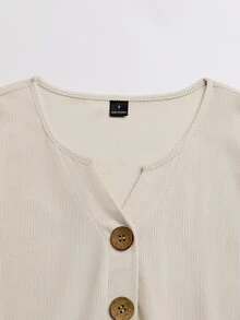 Holdful Holdful Women's Corduroy V-Neck Wooden Button Ruffle Cuff Long Sleeve Blouse - Beige - View 5
