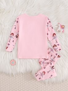 SHEIN 女嬰針織修身睡衣套裝，女嬰印花仙女圖案蝴蝶結圓領長袖上衣搭配條紋修身長褲，修身版型，適合初秋與秋冬穿著，柔軟舒適可愛風 - 粉色 - 查看 2