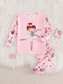 SHEIN 女嬰針織修身睡衣套裝，女嬰印花仙女圖案蝴蝶結圓領長袖上衣搭配條紋修身長褲，修身版型，適合初秋與秋冬穿著，柔軟舒適可愛風 - 粉色 - 查看 4