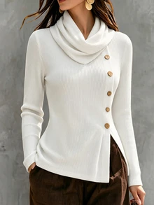 LUMIGAL Autumn/Winter New Brushed Ribbed White Diagonal Button Stacked Collar Long Sleeve Knit Base Layer, Vertical Ribbed Texture, Diagonal Placket Split Hem, Slim Fit Waist Elastic Knit Top, Korean Style Mature Commuter, Suitable For Daily Commute, Date, Inner Layer, Layering - White - View 1