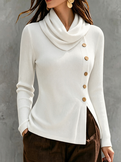 LUMIGAL Autumn/Winter New Brushed Ribbed White Diagonal Button Stacked Collar Long Sleeve Knit Base Layer, Vertical Ribbed Texture, Diagonal Placket Split Hem, Slim Fit Waist Elastic Knit Top, Korean Style Mature Commuter, Suitable For Daily Commute, Date, Inner Layer, Layering