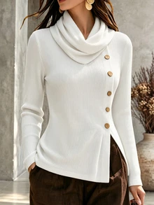 LUMIGAL Autumn/Winter New Brushed Ribbed White Diagonal Button Stacked Collar Long Sleeve Knit Base Layer, Vertical Ribbed Texture, Diagonal Placket Split Hem, Slim Fit Waist Elastic Knit Top, Korean Style Mature Commuter, Suitable For Daily Commute, Date, Inner Layer, Layering - White - View 5