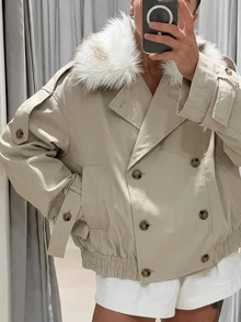 Muchica A Women's Long-Sleeved, Double-Breasted Winter Trench Coat Suitable For The Workplace, Featuring Button Closures And A Faux-Fur Collar. - Khaki - View 3
