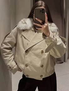 Muchica A Women's Long-Sleeved, Double-Breasted Winter Trench Coat Suitable For The Workplace, Featuring Button Closures And A Faux-Fur Collar. - Khaki - View 1