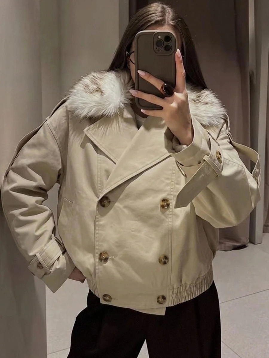 Muchica A Women's Long-Sleeved, Double-Breasted Winter Trench Coat Suitable For The Workplace, Featuring Button Closures And A Faux-Fur Collar. - Khaki - View 1