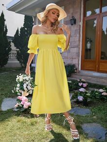 BELROSIE Square Neck Shirred Detail Puff Sleeve A-Line Dress Vacation Outfits Woman  Vacation Yellow Summer Cottagecore - Pale Yellow - View 6