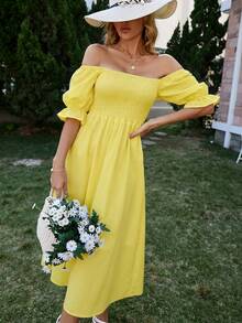 BELROSIE Square Neck Shirred Detail Puff Sleeve A-Line Dress Vacation Outfits Woman  Vacation Yellow Summer Cottagecore - Pale Yellow - View 4