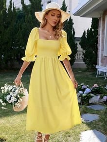 BELROSIE Square Neck Shirred Detail Puff Sleeve A-Line Dress Vacation Outfits Woman  Vacation Yellow Summer Cottagecore - Pale Yellow - View 7