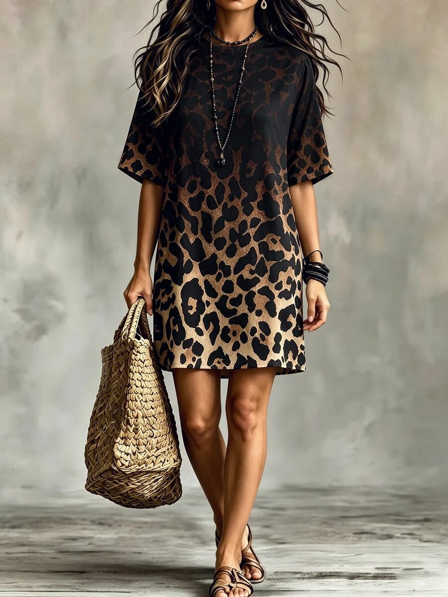 Linhara CURVE Plus Size Round Neck Short Sleeve Leopard Print Gradient Dress - Multicolor - View 1