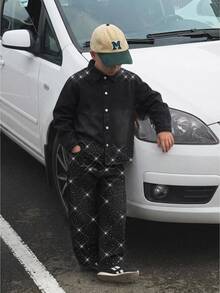 Kids Boys' Shiny Rhinestone Black Denim Loose Long Sleeve Jacket & Pants 2-Piece Set - Black - View 1