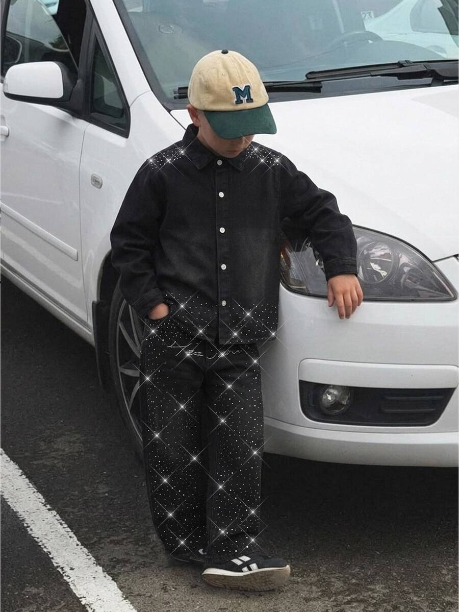 Kids Boys' Shiny Rhinestone Black Denim Loose Long Sleeve Jacket & Pants 2-Piece Set - Black - View 1