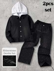 Kids Boys' Shiny Rhinestone Black Denim Loose Long Sleeve Jacket & Pants 2-Piece Set - Black - View 3