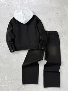 Kids Boys' Shiny Rhinestone Black Denim Loose Long Sleeve Jacket & Pants 2-Piece Set - Black - View 2