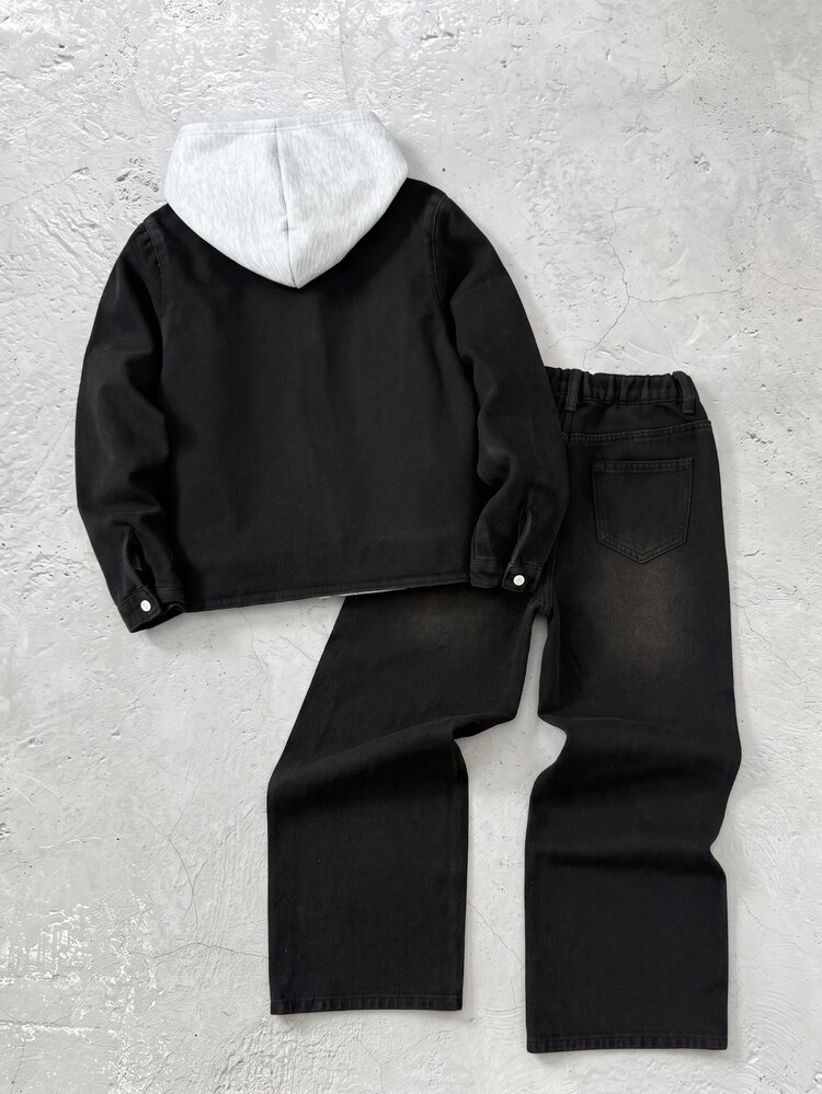 Kids Boys' Shiny Rhinestone Black Denim Loose Long Sleeve Jacket & Pants 2-Piece Set - Black - View 2