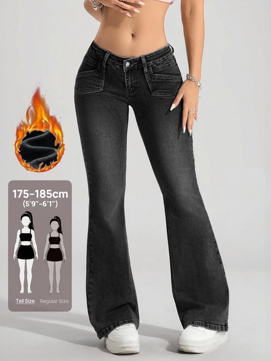 SHEIN Tall Street Style Hot Girl Low Waist Denim Bell Bottom Jeans With Patch Pockets - Black - View 1