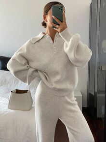 Livesso 2pcs Women Casual Collared Sweater And Pants Set, Autumn Long Sleeve Tops - Beige - View 4