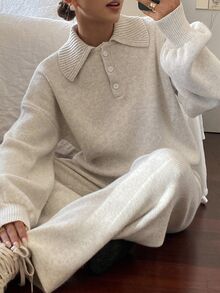 Livesso 2pcs Women Casual Collared Sweater And Pants Set, Autumn Long Sleeve Tops - Beige - View 6