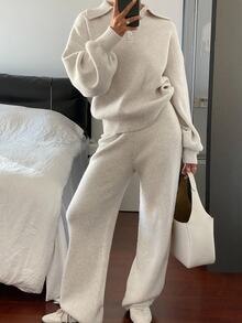Livesso 2pcs Women Casual Collared Sweater And Pants Set, Autumn Long Sleeve Tops - Beige - View 3