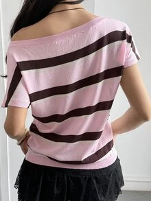 Livesso Asymmetric Neck Pink Stripe And Striped Fitted Knit Top For Women Date Brunch School Summer Casual - Pink - View 2