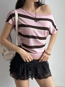 Livesso Asymmetric Neck Pink Stripe And Striped Fitted Knit Top For Women Date Brunch School Summer Casual - Pink - View 5