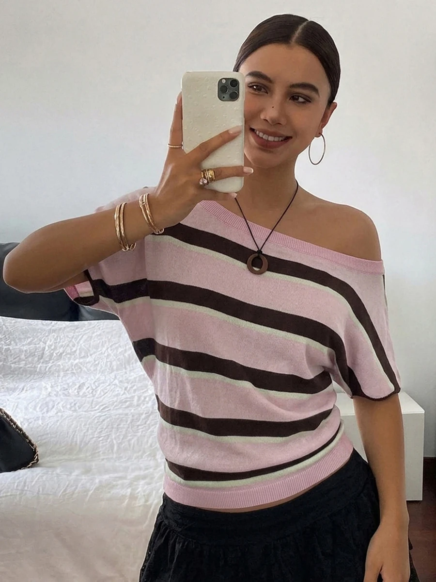 Livesso Asymmetric Neck Pink Stripe And Striped Fitted Knit Top For Women Date Brunch School Summer Casual - Pink - View 1
