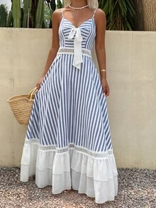 Livesso Women's Vacation Casual Tropical Sexy Coastal Chic Blue And White Stripe Patchwork Ruffle Hem Dress Summer Sundress Beach - Blue and White - View 8