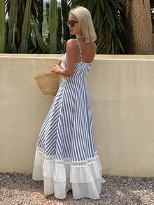Livesso Women's Vacation Casual Tropical Sexy Coastal Chic Blue And White Stripe Patchwork Ruffle Hem Dress Summer Sundress Beach - Blue and White - View 2