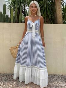 Livesso Women's Vacation Casual Tropical Sexy Coastal Chic Blue And White Stripe Patchwork Ruffle Hem Dress Summer Sundress Beach - Blue and White - View 1