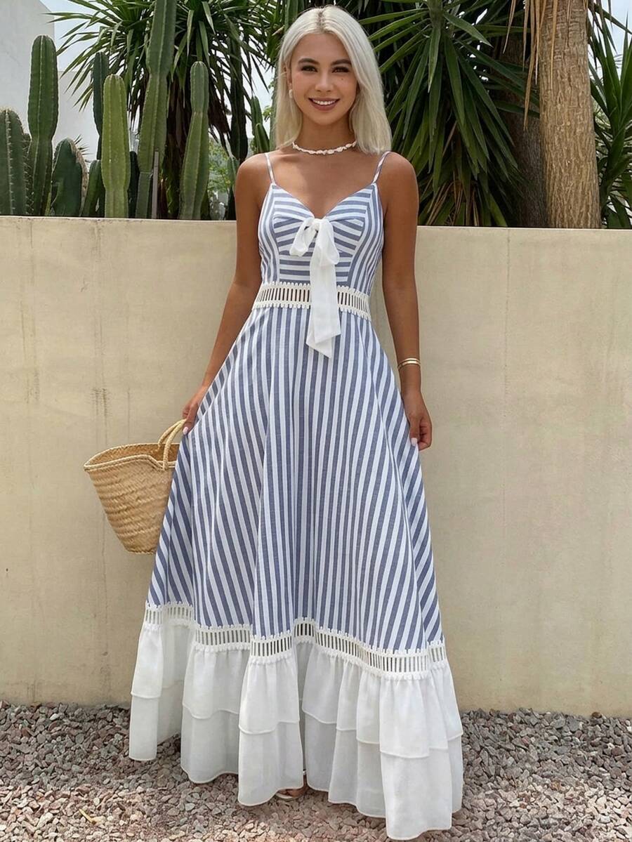 Livesso Women's Vacation Casual Tropical Sexy Coastal Chic Blue And White Stripe Patchwork Ruffle Hem Dress Summer Sundress Beach - Blue and White - View 1