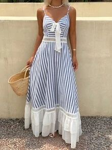 Livesso Women's Vacation Casual Tropical Sexy Coastal Chic Blue And White Stripe Patchwork Ruffle Hem Dress Summer Sundress Beach - Blue and White - View 5