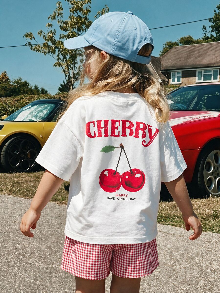 THE HAPPY LOOK Young Girl Cartoon Fruit Pattern Knit Soft Round Neck Short Sleeve Pullover Top And Plaid Shorts 2pcs Set - Red - View 1