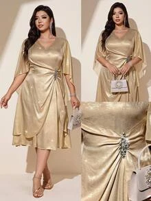 Reflora Plus Size Women's V-Neck Ruffle Sleeve Waist Metal Decor Elegant Dress - Gold - View 9