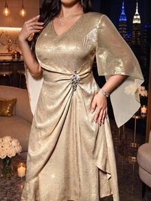 Reflora Plus Size Women's V-Neck Ruffle Sleeve Waist Metal Decor Elegant Dress - Gold - View 1