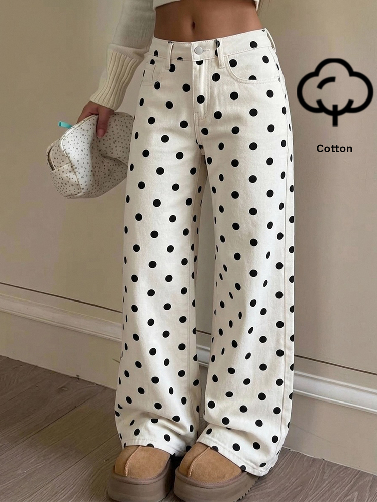 SHEIN Teen Girl Autumn/Winter Polka Dot Apricot Denim Fleece Lined Loose Fit Cowgirl Jeans - Apricot - View 8