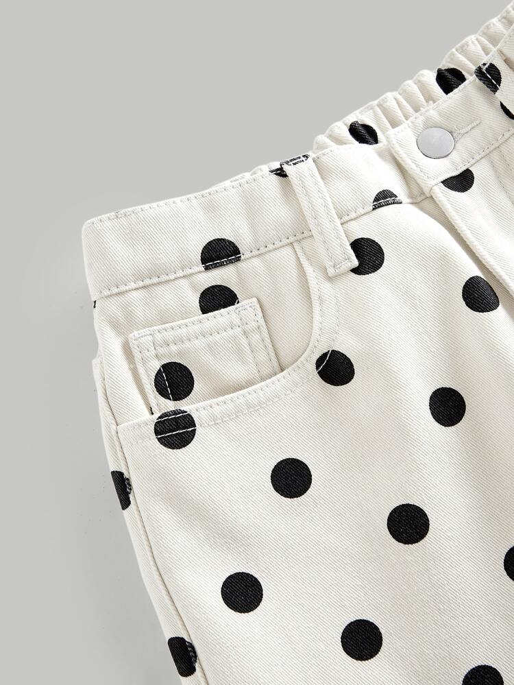 SHEIN Teen Girl Autumn/Winter Polka Dot Apricot Denim Fleece Lined Loose Fit Cowgirl Jeans - Apricot - View 5