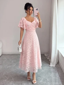 Modelyn Elegant Romantic Cut-Out Batwing Sleeve Pleated Sweet French Style Summer Dress Wedding Garden Party Night Pink - Pink - View 4