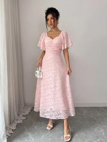 Modelyn Elegant Romantic Cut-Out Batwing Sleeve Pleated Sweet French Style Summer Dress Wedding Garden Party Night Pink - Pink - View 5